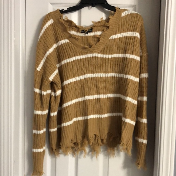 Alison Andrews Brown and White Striped Raw Hem Fall V-Neck Woven Knit Sweater - Picture 2 of 9